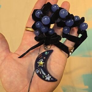 Blue Bead‎ Velvet Ribbon Necklace Crescent Moon Pendant 31 Inch Adjustable Goth